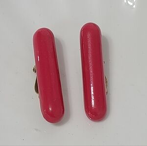 Vintage Mod Pink Enamel Gold Tone Pill Elongated Statement Clip On Earrings